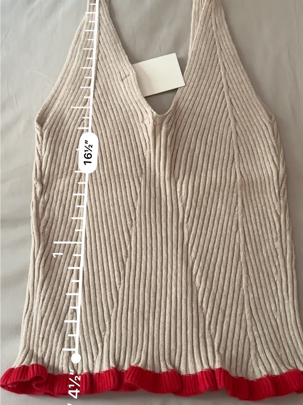 Cream Ribbed V-Neck Tank with Red Ruffle Hem - Picture 4 of 5